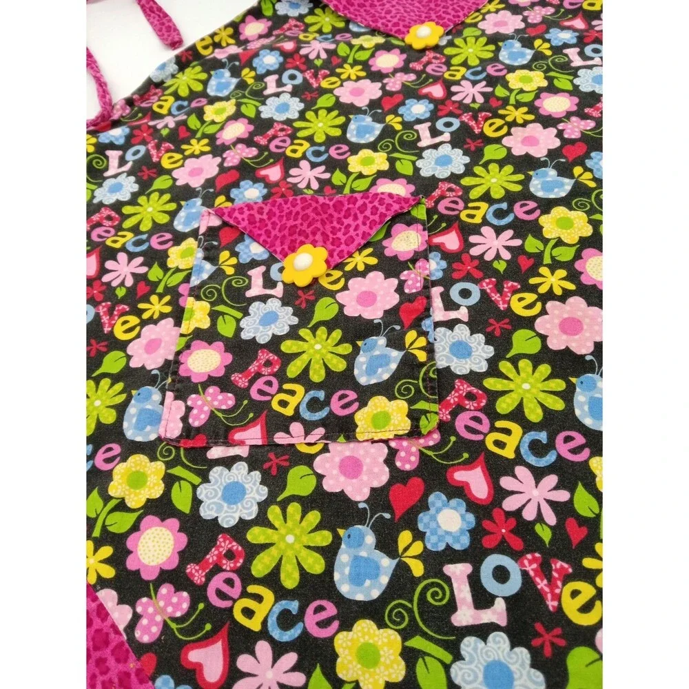 Handmade Vintage Retro Style Peace Love Happy Fun Apron With Pocket